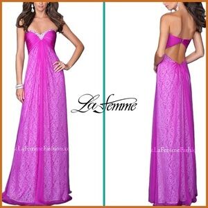 La Femme Bright Magenta Pink Purple Lace Gown Dress